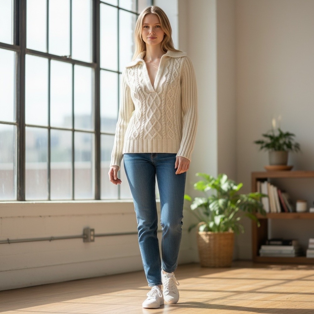 Vintage Y2K Gap Cable Knit Sweater L Cream V-Neck Spread Collar Layering Coastal